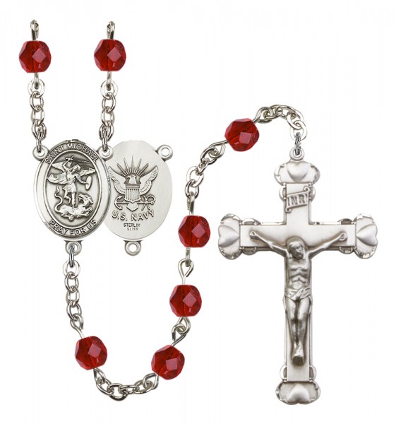Women's St. Michael Navy Birthstone Rosary - Ruby Red