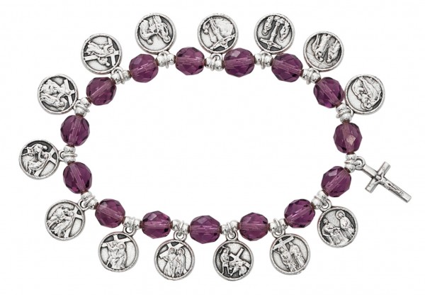 Women's Stations of the Cross Stretch Bracelet Purple Beads - Silver