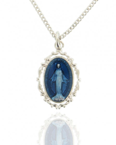 Women's Sterling Silver Oval Dark Blue Enamel Miraculous Medal with Baroque Border - Silver | Blue