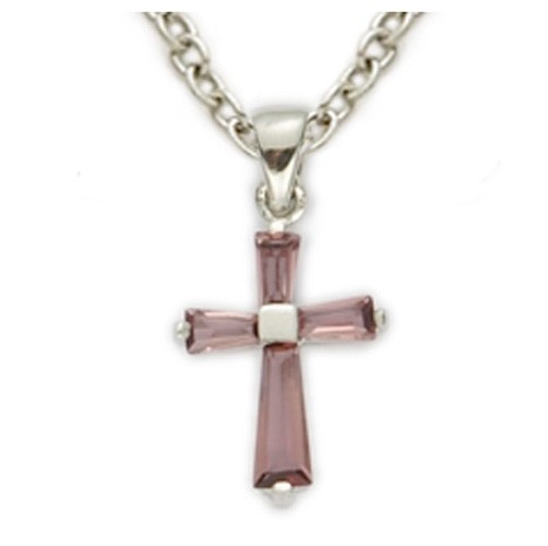 Youth Birthstone Baguette Cross Necklace - Amethyst