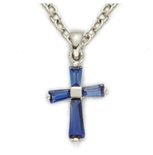 Youth Birthstone Baguette Cross Necklace - Sapphire