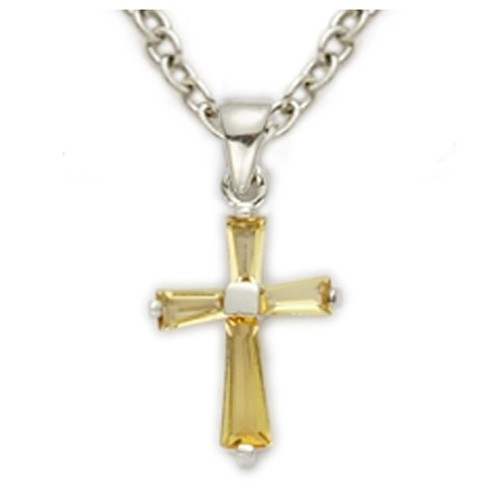Youth Birthstone Baguette Cross Necklace - Yellow