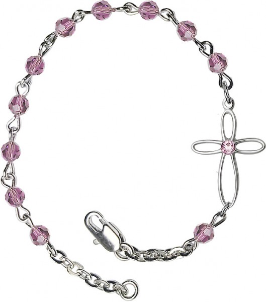 Girls Silver Cross Bracelet 4mm Swarovski Crystal beads - Light Amethyst