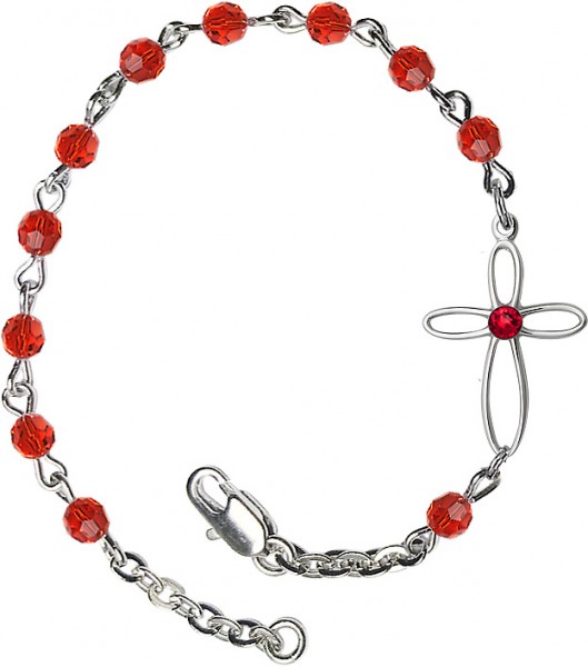 Girls Silver Cross Bracelet 4mm Swarovski Crystal beads - Ruby Red