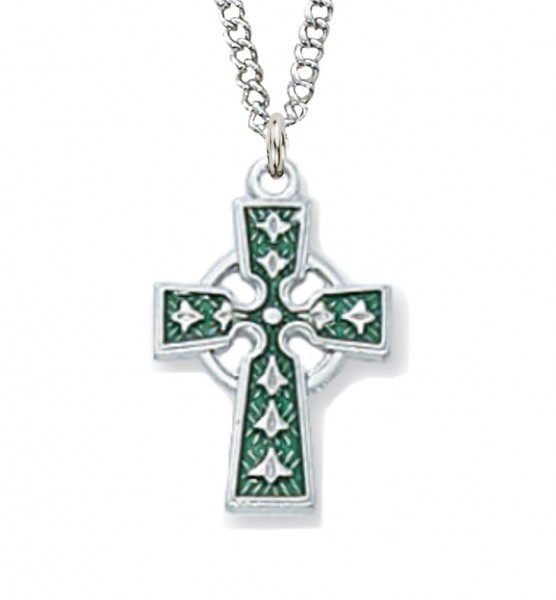 Youth or Woman's Size Green Enameled Celtic Cross Sterling Silver - Silver