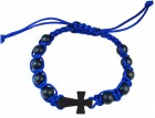Men's Blue Wood Beads with Cross and Black Cord Bracelet