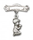 Baby Pin with Praying Boy Charm and Arched Polished Engravable Badge Pin