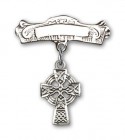 Pin Badge with Celtic Cross Charm and Arched Polished Engravable Badge Pin