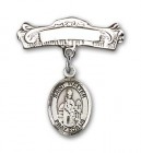 Pin Badge with St. Walter of Pontnoise Charm and Arched Polished Engravable Badge Pin