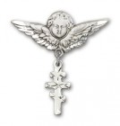 Pin Badge with Greek Orthadox Cross Charm and Angel with Larger Wings Badge Pin