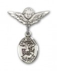 Pin Badge with St. Michael the Archangel Charm and Angel with Smaller Wings Badge Pin