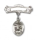 Pin Badge with St. Michael the Archangel Charm and Arched Polished Engravable Badge Pin