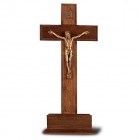 Standing Walnut Crucifix with Gold-tone Corpus and Base- 10 inch