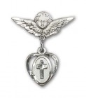 Pin Badge with Cross Charm and Angel with Smaller Wings Badge Pin