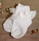 Girls White Nylon Anklet Baptism Socks with Lace & Pearled Bow