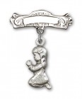 Baby Pin with Praying Girl Charm and Arched Polished Engravable Badge Pin