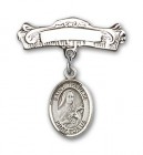 Pin Badge with St. Therese of Lisieux Charm and Arched Polished Engravable Badge Pin