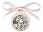 Girl's Pink Ribbon Angel in Manger Crib Medal in Pewter