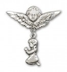 Baby Pin with Praying Girl Charm and Angel with Larger Wings Badge Pin