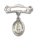 Pin Badge with Virgin of the Globe Charm and Arched Polished Engravable Badge Pin