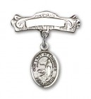 Pin Badge with Our Lady of Lourdes Charm and Arched Polished Engravable Badge Pin