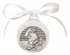 White Ribbon Angel in Manger Crib Medal in Pewter