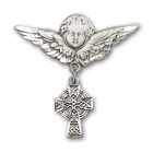 Pin Badge with Celtic Cross Charm and Angel with Larger Wings Badge Pin