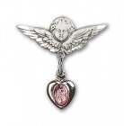 Sterling Silver Baby Pin with Pink Enamel Miraculous Charm and Angel with Smaller Wings