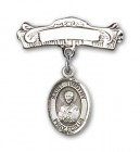 Pin Badge with St. Timothy Charm and Arched Polished Engravable Badge Pin