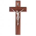 Wide Crossbar Walnut Wall Crucifix Silver-tone Corpus - 10 inch