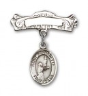 Pin Badge with St. Bernadette Charm and Arched Polished Engravable Badge Pin