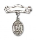 Pin Badge with St. William of Rochester Charm and Arched Polished Engravable Badge Pin