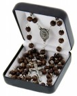 First Communion Brown Wood Rosary with Chalice Centerpiece