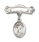 Pin Badge with St. Stephen the Martyr Charm and Arched Polished Engravable Badge Pin