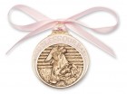 Girl's Pink Ribbon Angel in Manger Crib Medal in Brass