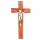 Classic Beveled Edge Natural Cherry Wall Crucifix - 11 inch