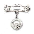 Pin Badge with Claddagh Charm and Arched Polished Engravable Badge Pin