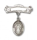 Pin Badge with Our Lady of Peace Charm and Arched Polished Engravable Badge Pin