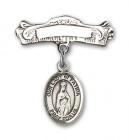 Pin Badge with Our Lady of Fatima Charm and Arched Polished Engravable Badge Pin