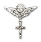 Pin Badge with Crucifix Charm and Angel with Larger Wings Badge Pin