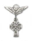 Pin Badge with Celtic Cross Charm and Angel with Smaller Wings Badge Pin