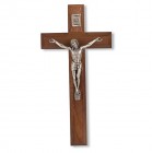 Walnut Wall Cross with Pewter Jesus and INRI Plaque - 7 inch