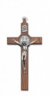 St. Benedict Wall Cross 6.5 inch Silver Tone Walnut Stained Wood