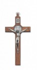 St. Benedict Wall Cross 8 inch Silver Tone Walnut Stained Wood