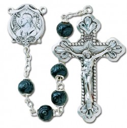 6mm Black Carved Wood Bead Rosary in Sterling Silver [RB3397]