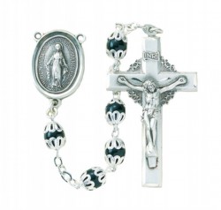 6mm Double Capped Black Glass Bead Rosary in Sterling Silver [RB3360]