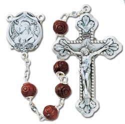 6mm Maroon Carved Wood Bead Rosary in Sterling Silver [RB3395]