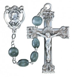 7mm Oval Grey Glass Bead Rosary in Sterling Silver [RB3381]