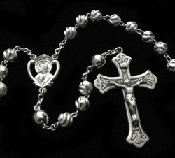 All Sterling Silver Swirl Frosted 7mm Rosary with Scapular Centerpiece [HMRB005]