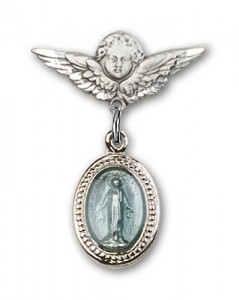 Sterling Silver Baby Badge with St Joan of Arc Charm and Badge Pin with Cross 1 X 3/4 inches 